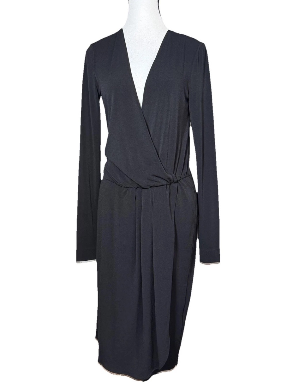 Malene Birger Willos Black Faux Wrap Dress Small Long Sleeve Midi V-Neck *New